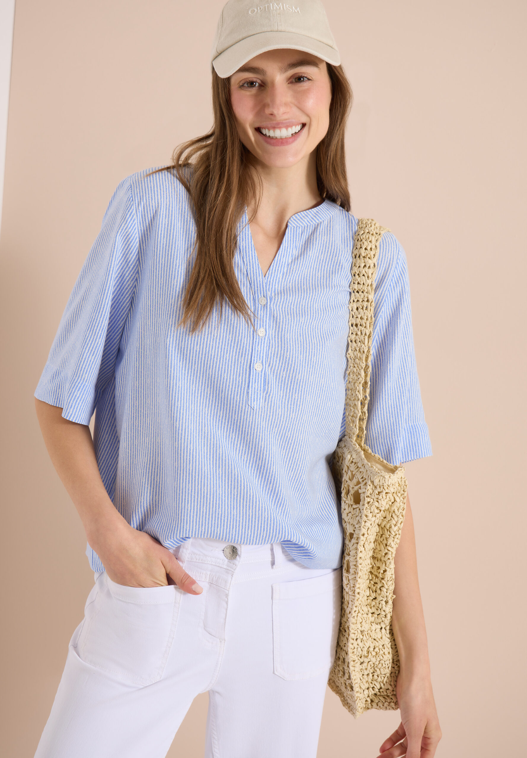 Kurzarm Bluse mit Split Neck und Streifen – Bild 2